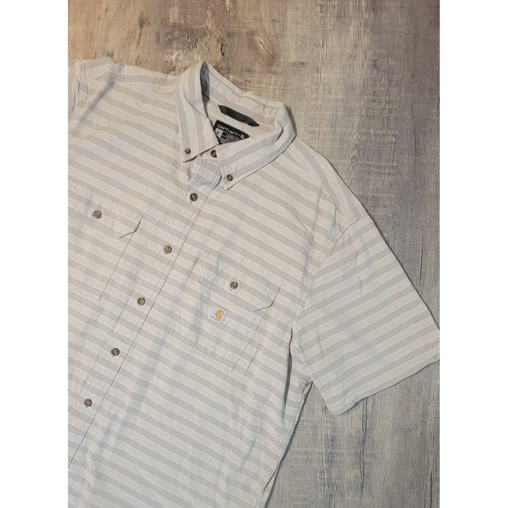 Carhartt Mens XL Loose Fit Short Sleeve Striped Button Down Shirt Grey 105175